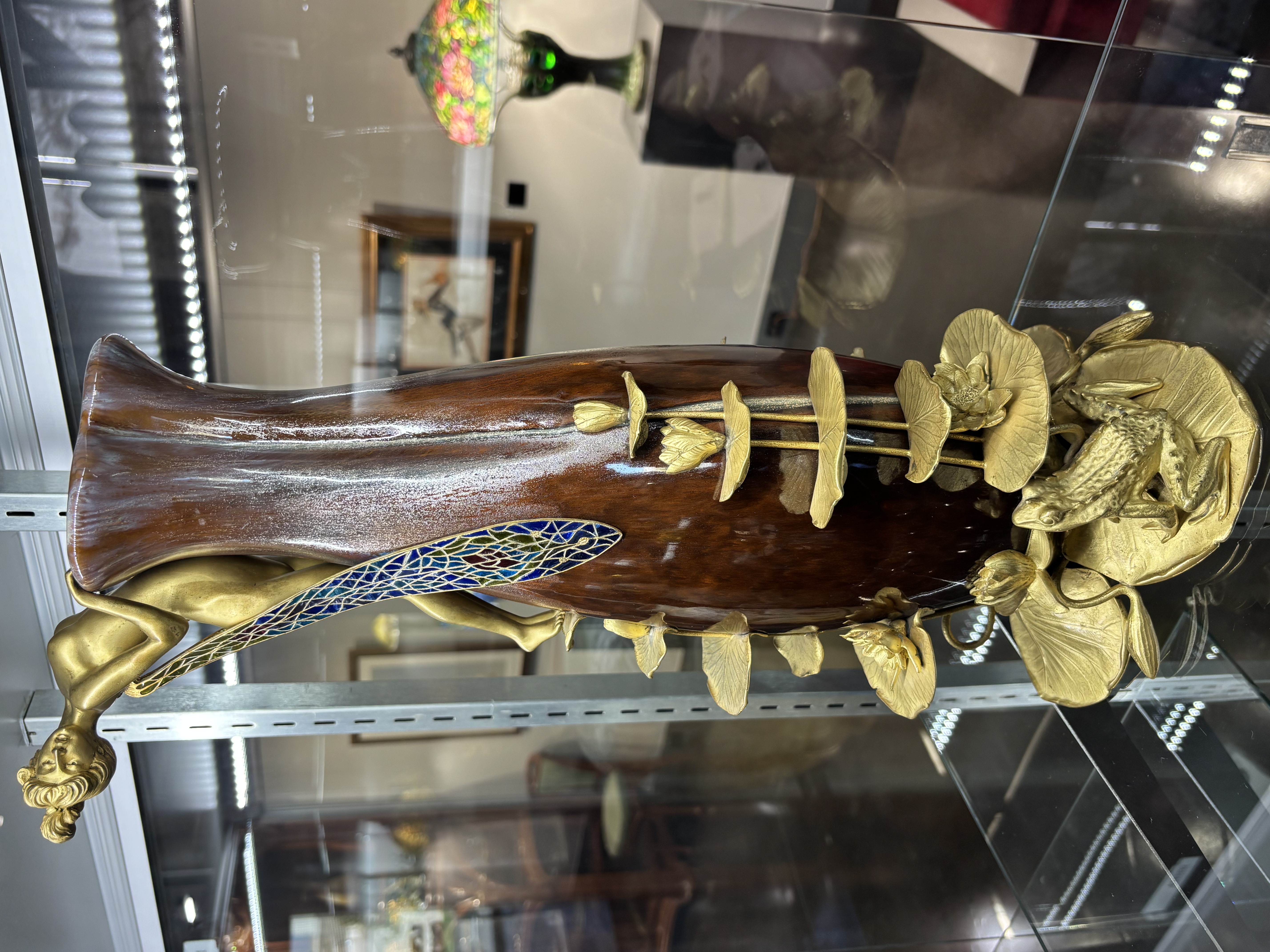 Bronze, Ceramic Plique a Jour Damselfly Vase