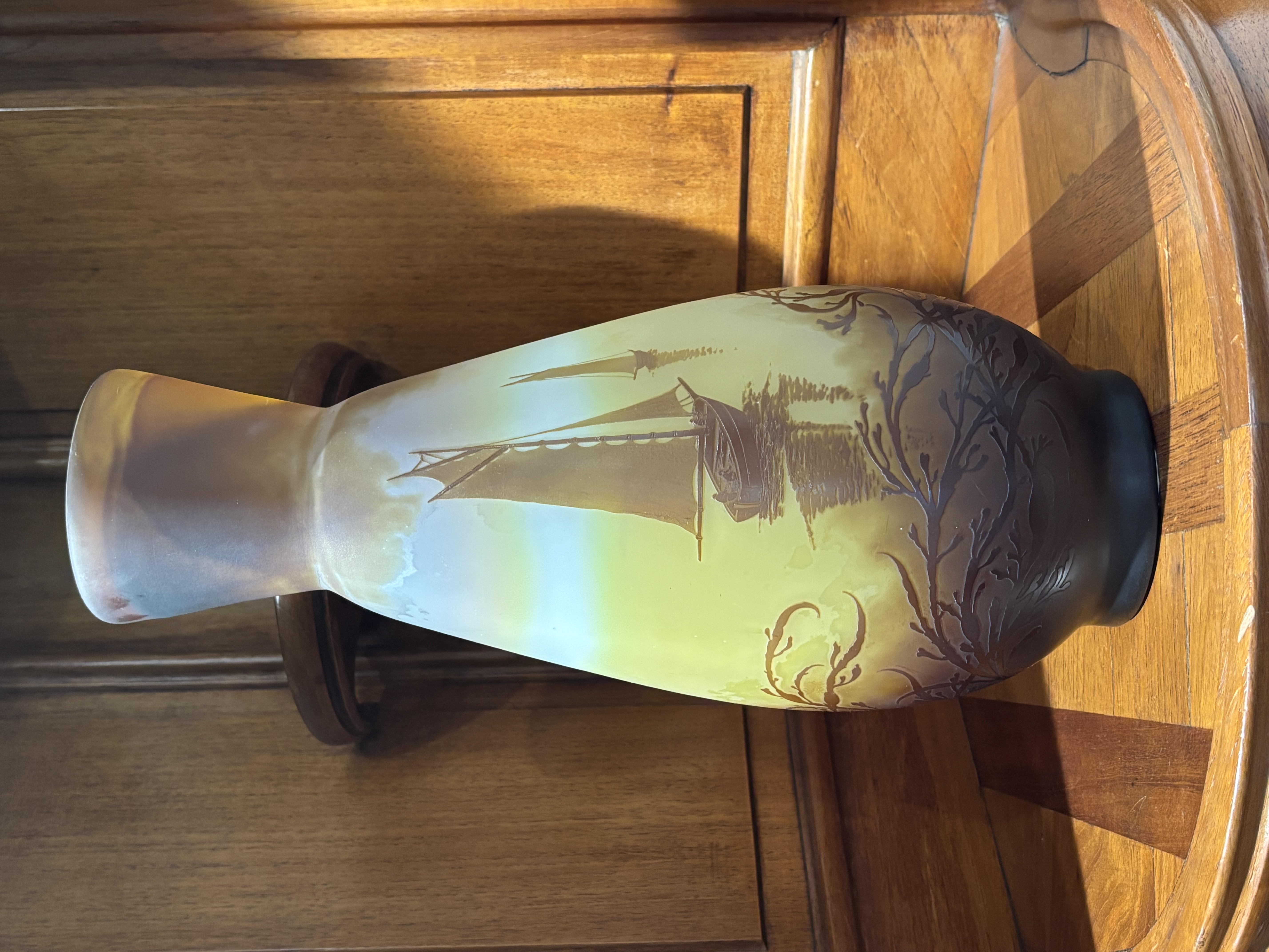 Cameo Glass Vase Boat Upon a Body of Water