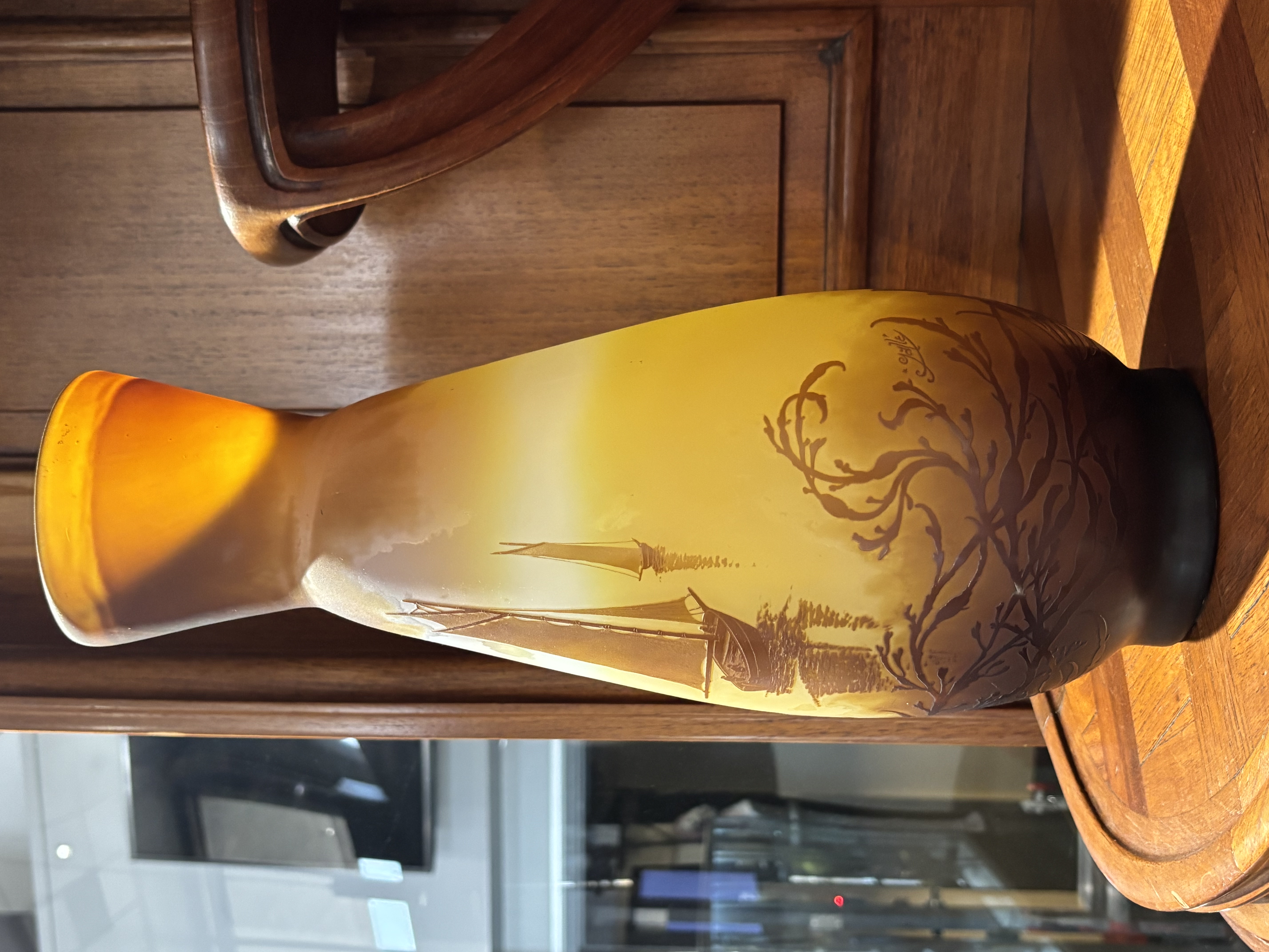 Cameo Glass Vase Boat Upon a Body of Water
