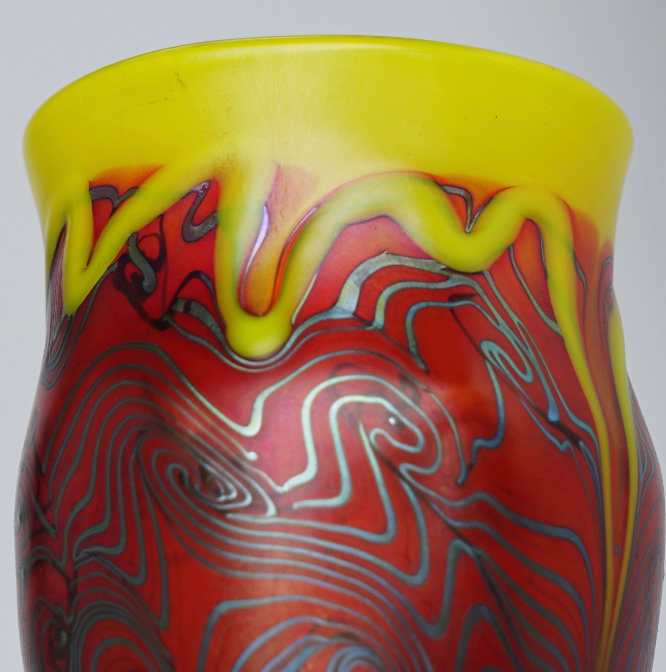Tiffany Studios Iridescent Yellow, Red, Damascene Glass Vase